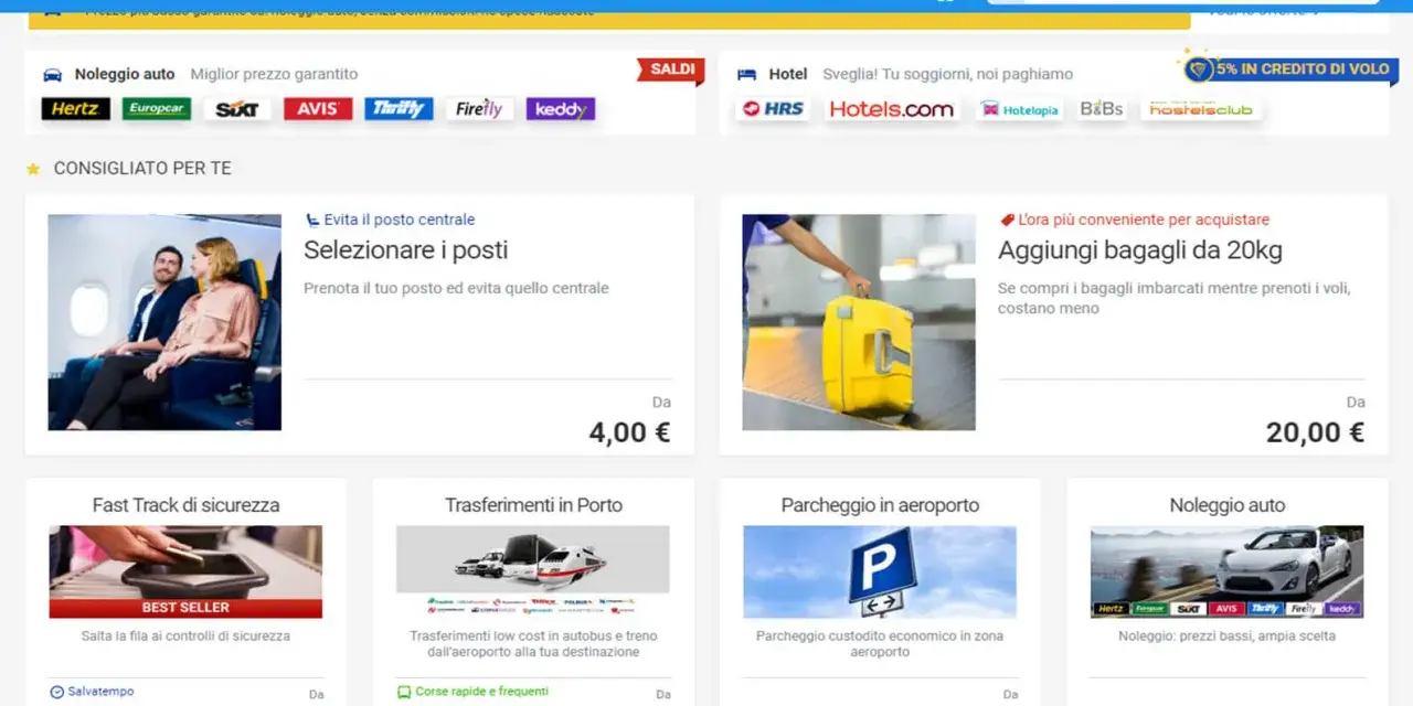 Offerte per migliorare il viaggio: posti, bagagli, fast track, trasferimenti, parcheggio e noleggio auto. Un esempio di cross selling traduzione.