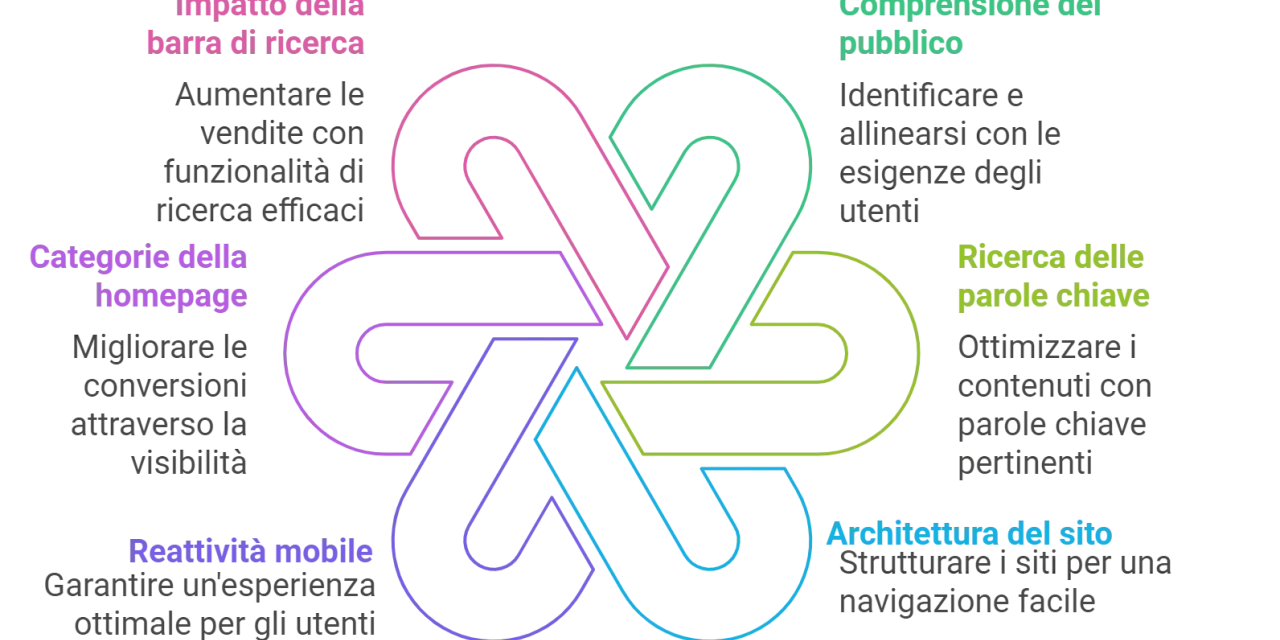 Migliorare SEO e UX per migliori posizionamenti: impatto barra ricerca, categorie homepage, reattività mobile, comprensione pubblico, ricerca parole chiave, architettura sito. Il **user experience significato** è centrale.