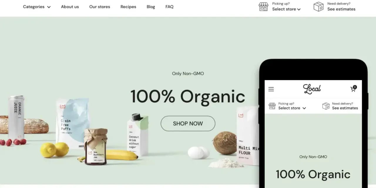 Sito web di alimenti biologici con prodotti freschi e naturali. Ideale per chi cerca temi Shopify gratis per un e-commerce salutare.