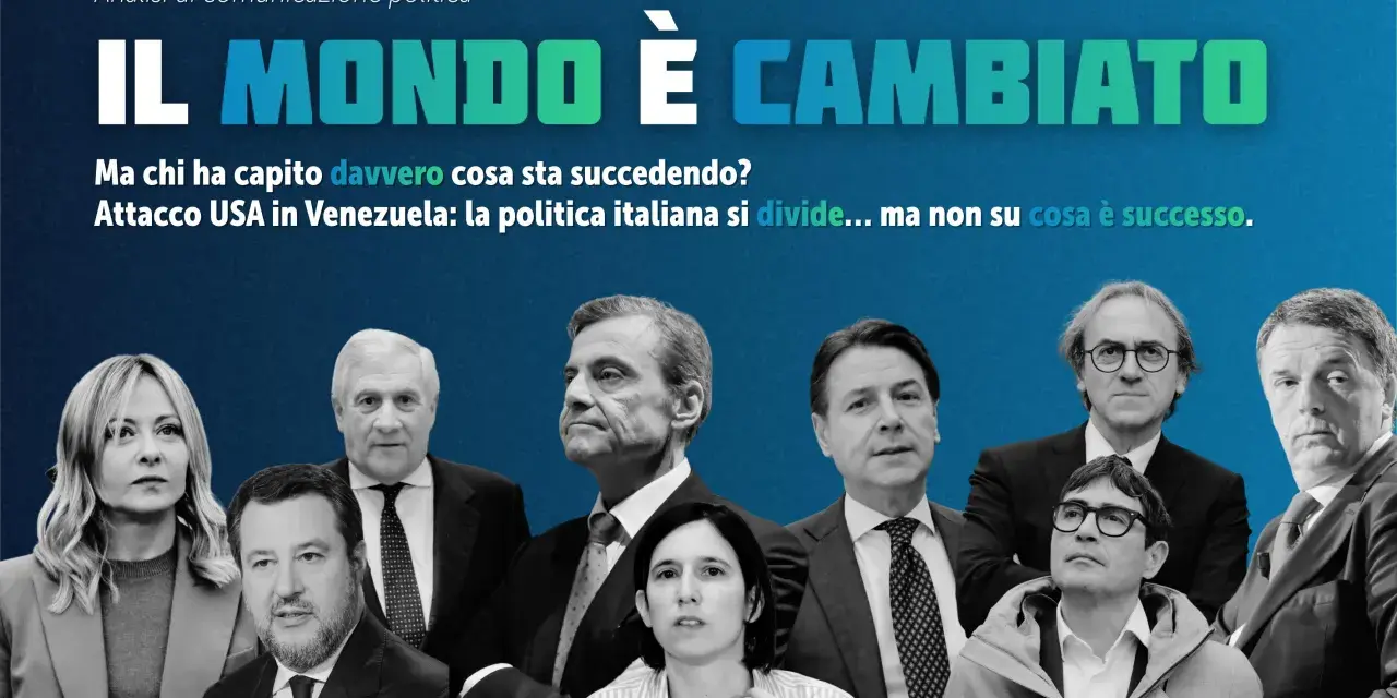 Volti della politica italiana sotto il titolo "Il mondo è cambiato". Analisi di comunicazione politica che riflette sulle divisioni.