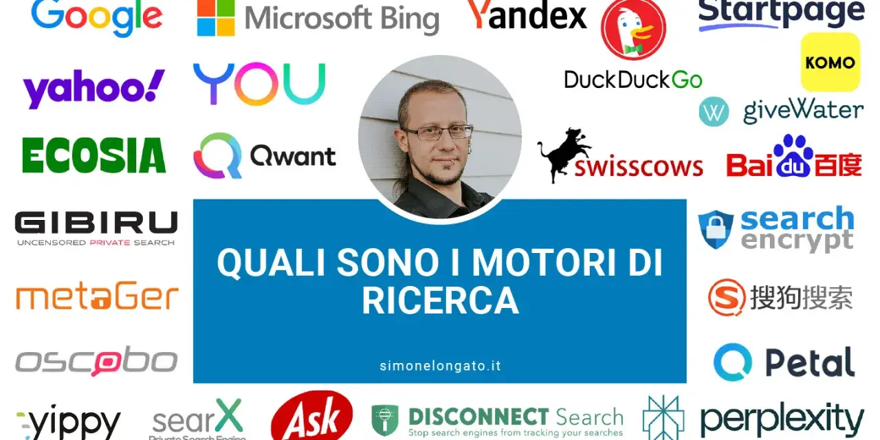 Loghi di vari motori di ricerca, tra cui Google, Bing, DuckDuckGo, Startpage, Ecosia, Qwant, Swisscows, Baidu, e altri, con la domanda "Quali sono i motori di ricerca".