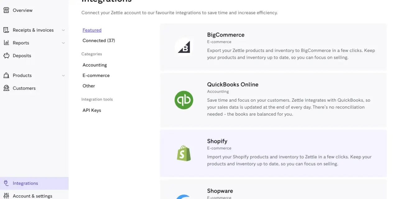Schermata di integrazione Zettle, con opzioni per Shopify, BigCommerce e QuickBooks.