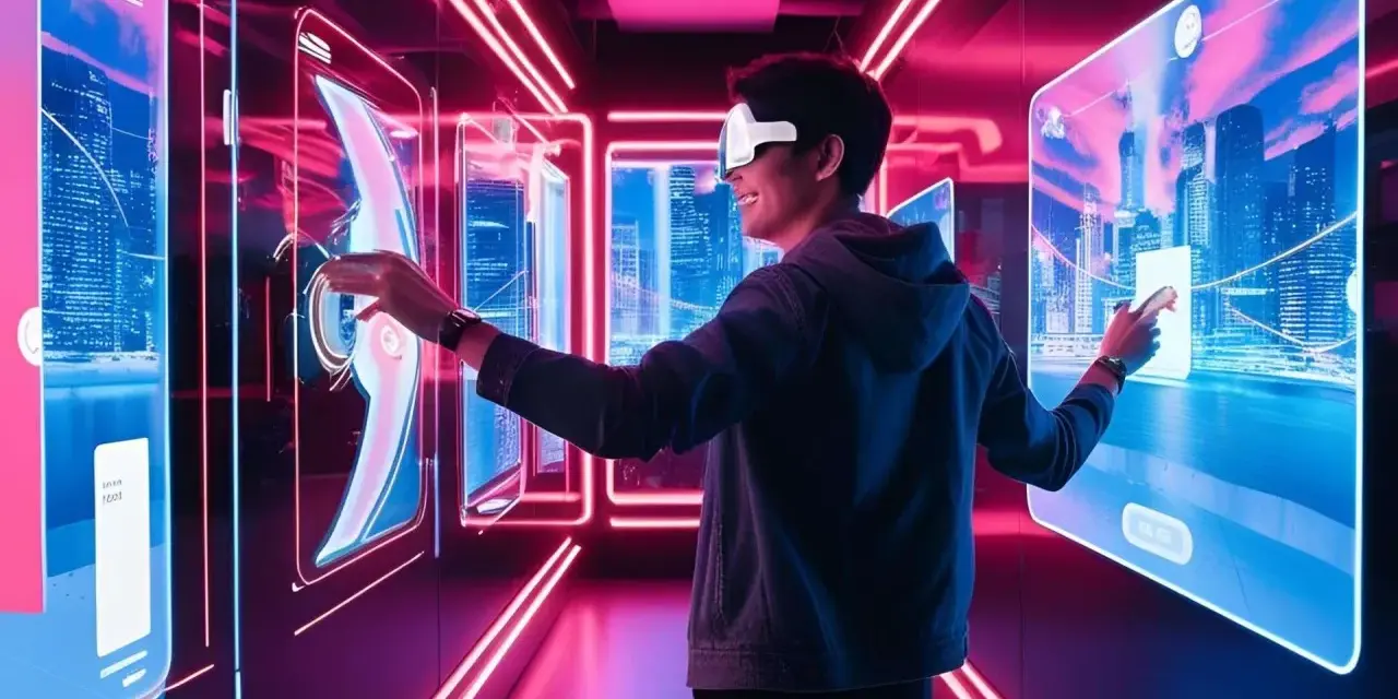 Un uomo con visore VR interagisce con schermi luminosi, esplorando il **phygital significato** in un corridoio futuristico.