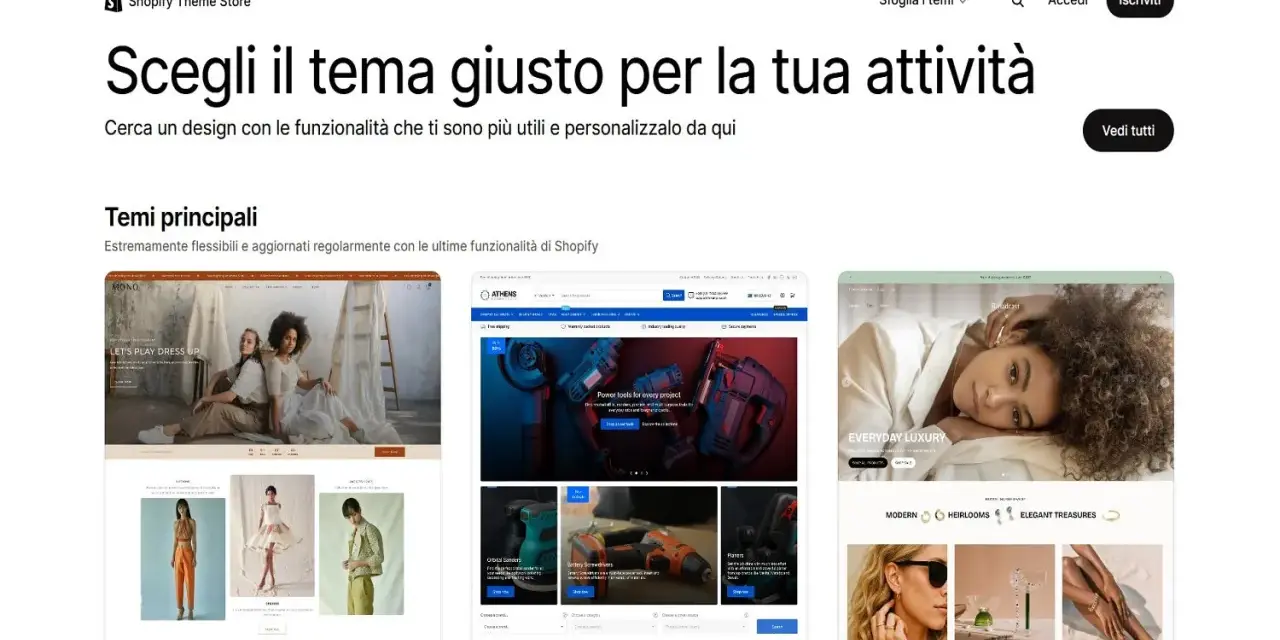 Scopri i temi per la tua attività Shopify: design moderni e funzionali per ogni esigenza.