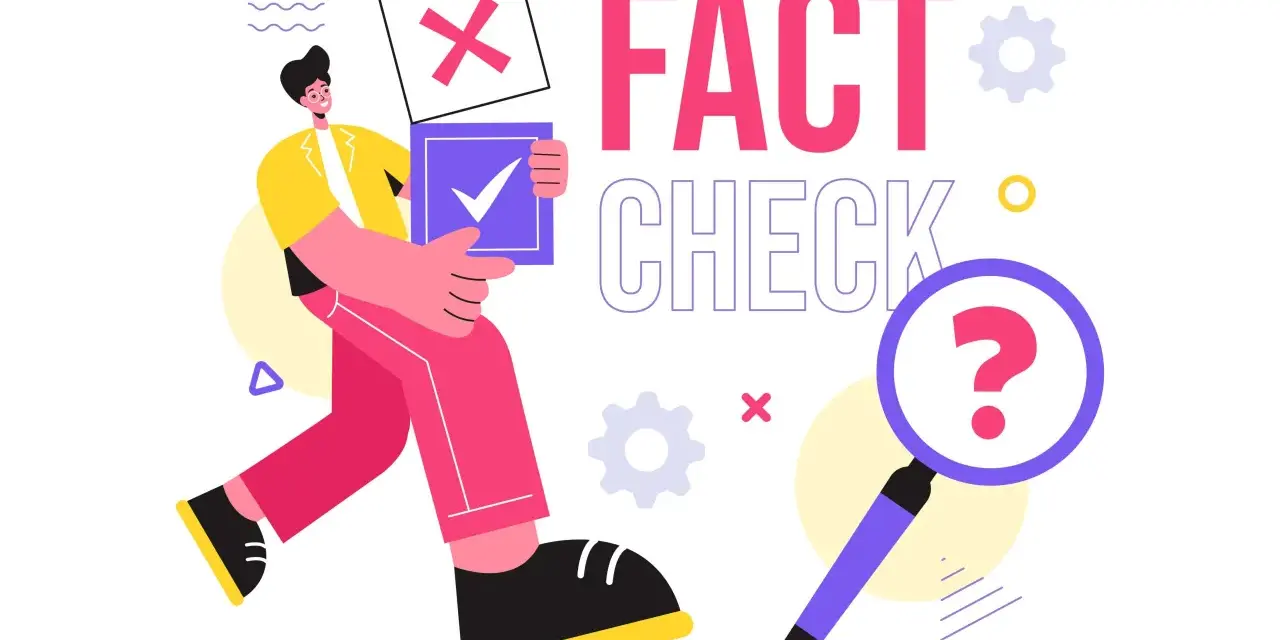 Uomo con cartelli "X" e spunta, simbolo di "fact checkers significato". Lente d'ingrandimento con punto interrogativo.