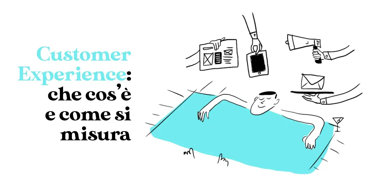 Customer Experience: che cos'è e come si misura. Un uomo rilassato su un lettino blu, circondato da mani che offrono dispositivi digitali e comunicazioni, per una perfetta digital experience.