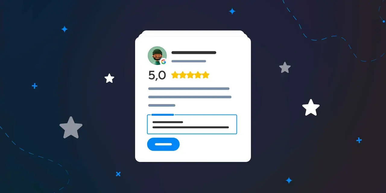 Interfaccia di un'app per recensioni con valutazione 5 stelle e un utente stilizzato.