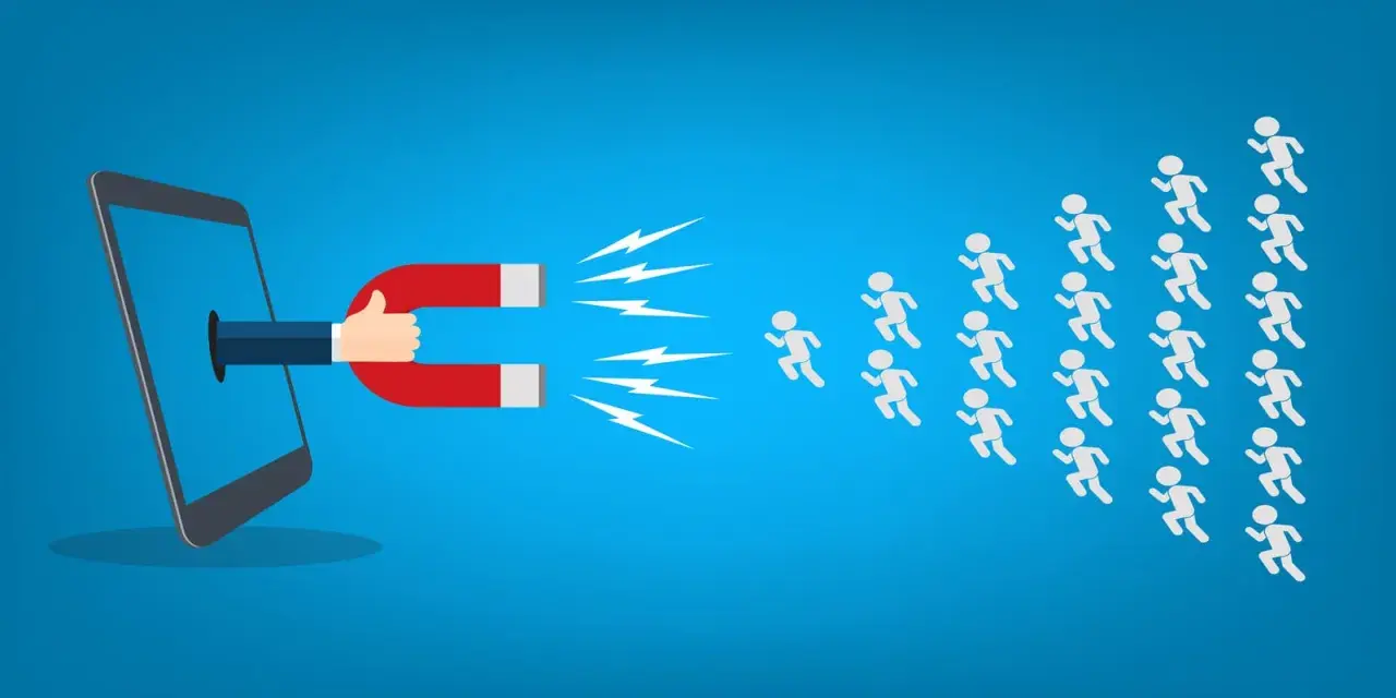 Un magnete esce da uno smartphone, attirando una folla di persone. Efficace viral marketing!