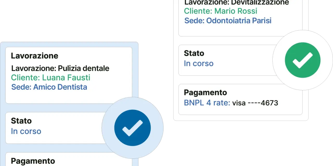 Dettagli lavorazioni dentistiche: pulizia per Luana Fausti e devitalizzazione per Mario Rossi. Le recensioni qomodo confermano l'efficienza.