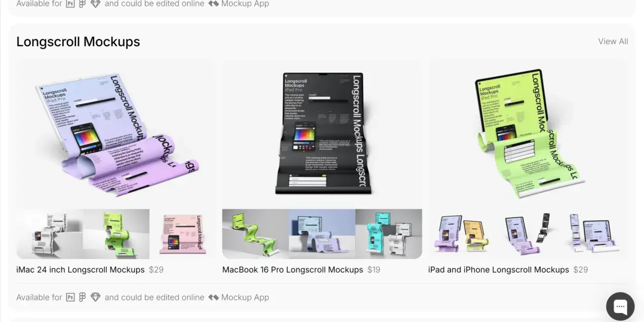 Mockup esempi: vari set di mockup "longscroll" per iPad, MacBook e iMac, con design accattivanti e colori vivaci.