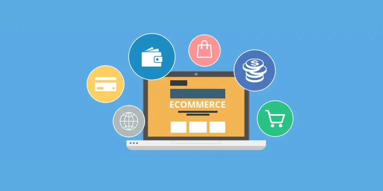 Un laptop mostra "ECOMMERCE" con icone di pagamento, carrello e mondo. Ideale per verificare sito online.