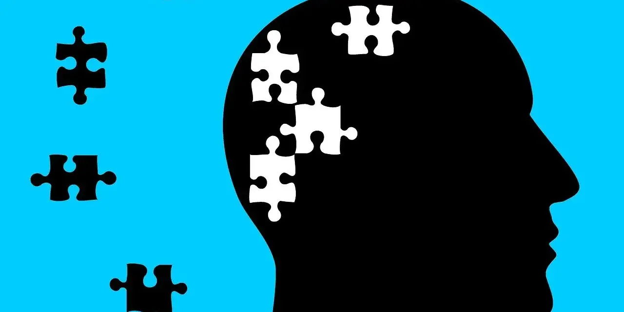 Silhouette di testa con pezzi di puzzle bianchi all'interno, che simboleggiano l'economia dell'attenzione.