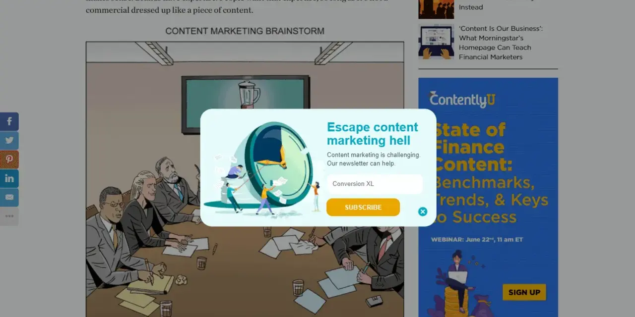 Un pop-up con un orologio e persone che lavorano su fogli di carta, invita a iscriversi per sfuggire all'inferno del content marketing.