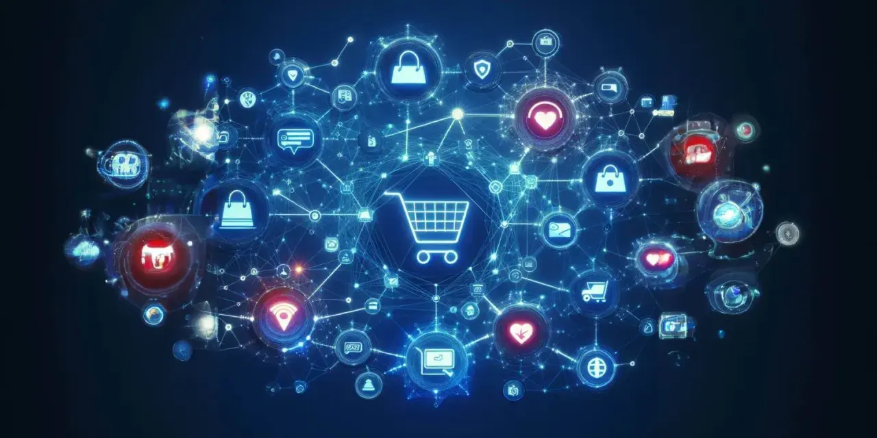 Rete di icone digitali con carrello al centro, che illustra i vantaggi e-commerce: acquisti, pagamenti sicuri, spedizioni e connessioni globali.