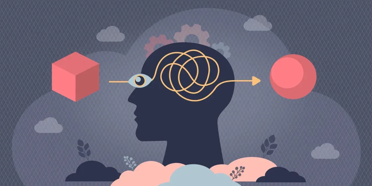 Un cubo rosso si trasforma in una sfera attraverso un percorso mentale aggrovigliato, illustrando l'effetto priming.