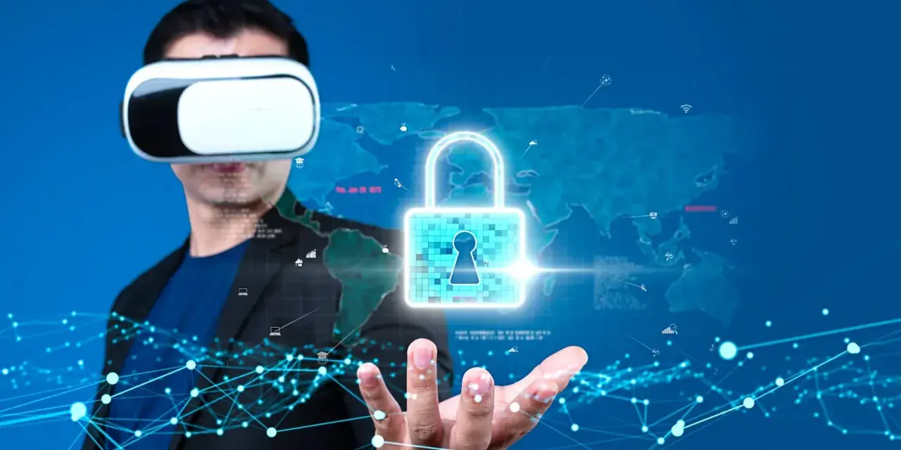 Uomo con visore VR, un lucchetto digitale e una mappa del mondo. La realtà virtuale sesso è un concetto futuristico.