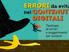 Pubblicità sociale: un uomo con mantello arancione evita un grosso stivale nero e una buccia di banana, per non commettere errori nei contenuti digitali.