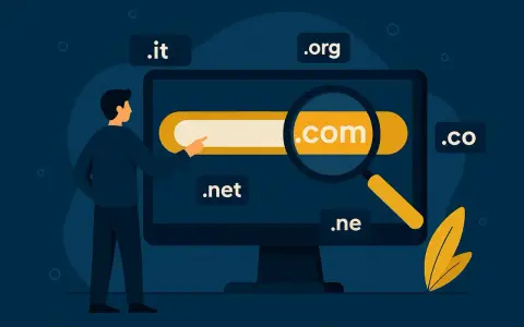 Un uomo cerca su un monitor con una lente d'ingrandimento per capire come trovare il dominio perfetto, tra opzioni come .com, .it, .org, .net, .co e .ne.