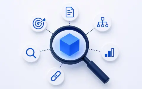 Lente d'ingrandimento su un cubo blu, circondata da icone che rappresentano ricerca, obiettivi, documenti, grafici e link. Simboleggia la costruzione della **topical authority**.