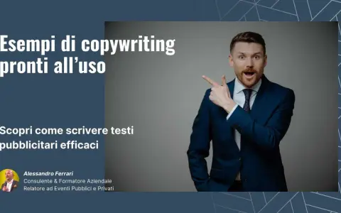Uomo sorpreso indica esempi di copywriting efficaci. Impara a creare testi pubblicitari vincenti con Alessandro Ferrari.