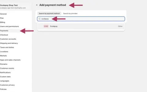 Aggiunta di Scalapay come metodo di pagamento su Shopify.