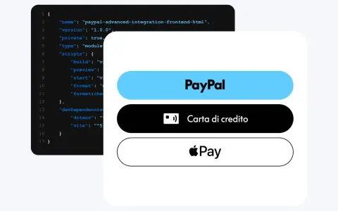 Codice per integrazione frontend PayPal, con opzioni di pagamento come PayPal Express Checkout, carta di credito e Apple Pay.