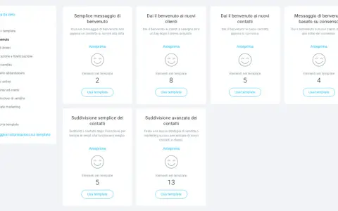 Template per email transazionali: benvenuto, gestione contatti e messaggi basati su consenso.