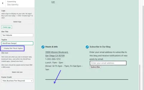 Impostazioni sito: "WordPress Design" come tagline. Opzione per nascondere il copyright footer.
