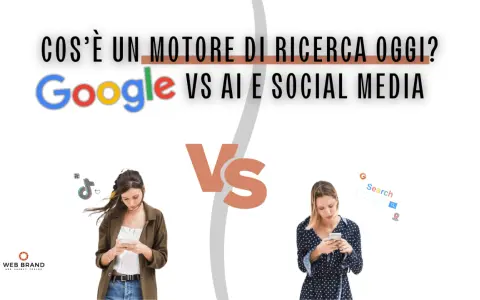 Google vs. social media: cos'è un motore di ricerca oggi? Due donne usano smartphone, una con icone social, l'altra con barra di ricerca Google.
