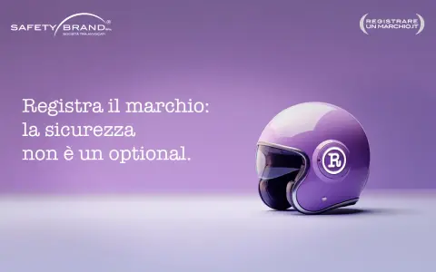 Casco viola con logo "R" e testo "Registra il marchio: la sicurezza non è un optional." per la brand safety.