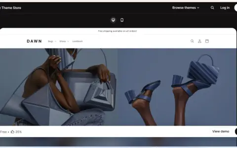 Anteprima del tema Dawn, un'ottima guida shopify per creare un sito di moda con borse e scarpe eleganti.