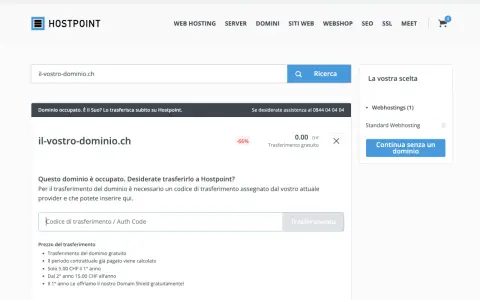 Pagina per il trasferimento di domini occupati. Inserisci il codice di trasferimento per completare i tempi trasferimento dominio.