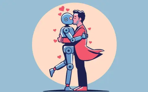 Un uomo bacia un robot sesso, circondati da cuori rossi.