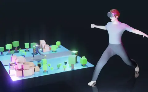 Un ragazzo con visore VR esplora un mondo virtuale, un metaverso esempio di interazione digitale con avatar e paesaggi stilizzati.