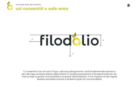 Logo "filodolio" con pittogramma giallo. Il manuale d'uso spiega il logo significato e le regole di impiego per garantirne la riconoscibilità.