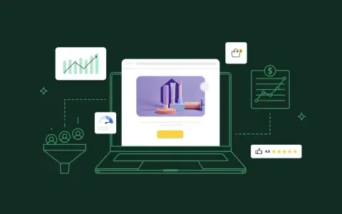 Grafica che illustra il processo di creazione e ottimizzazione di landing pages, con icone di analisi, funnel e recensioni.