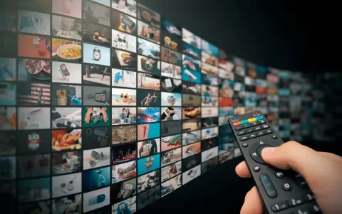 Un telecomando seleziona contenuti da un muro di schermi, offrendo un'ampia scelta di video on demand.