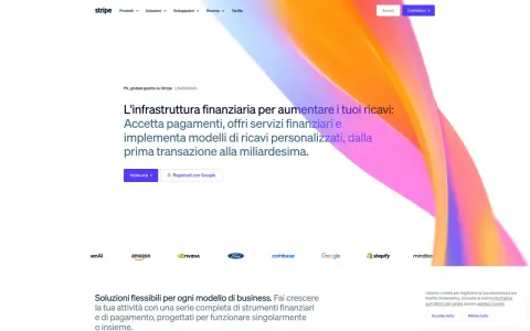 Stripe: infrastruttura finanziaria per aumentare ricavi. Il cta significato è "Inizia ora", per accettare pagamenti e offrire servizi.