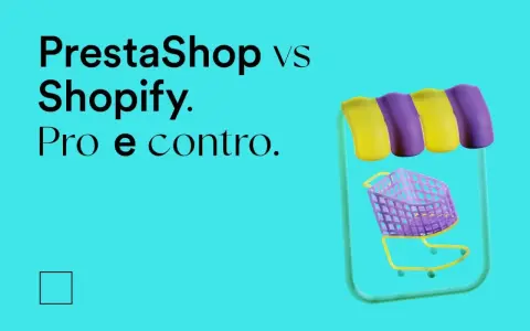 Confronto tra PrestaShop e Shopify: pro e contro. Un carrello della spesa stilizzato su sfondo turchese.