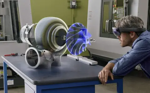 Un uomo con visore AR studia un ologramma di un turbocompressore, esplorando il suo significato tecnologico in officina.