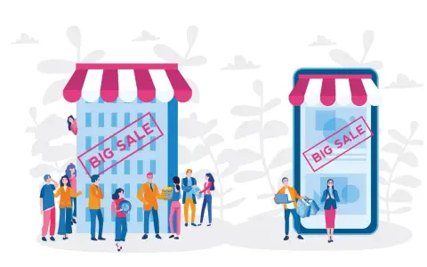 Un negozio fisico e uno virtuale, entrambi con "BIG SALE". Il **click and mortar** unisce il meglio dei due mondi.