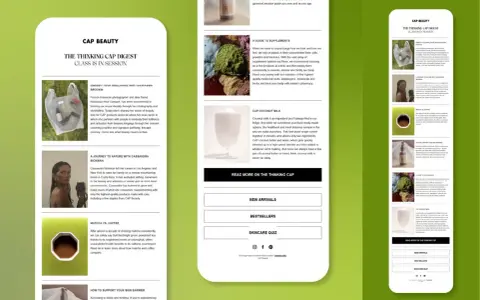 Newsletter di Shopify con articoli su bellezza, integratori e latte di cocco.
