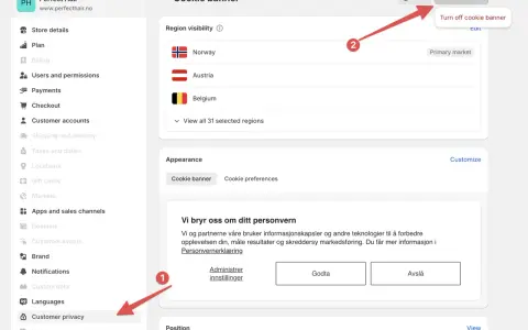 Impostazioni del **shopify cookie banner** per la privacy dei clienti, con opzioni per Norvegia, Austria, Belgio e altro.