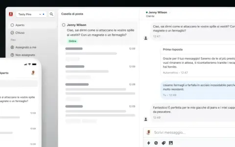 Interfaccia di chat di Shopify con conversazione cliente-venditore su spille magnetiche.