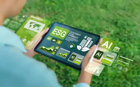 Schermo di un tablet con grafici ESG e AI, che illustra il significato di innovazione sostenibile e tecnologica.
