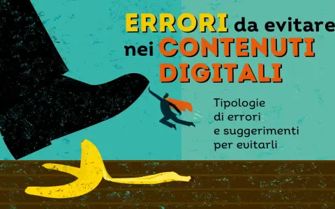 Pubblicità sociale: un uomo con mantello arancione evita un grosso stivale nero e una buccia di banana, per non commettere errori nei contenuti digitali.
