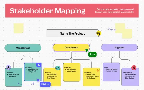 Mappa degli stakeholder: identifica chi sono gli stakeholder chiave, dai fondatori ai fornitori, per gestire il progetto.