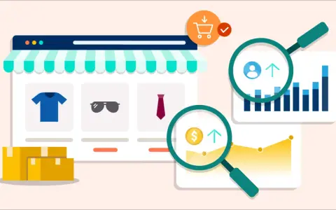 Un negozio online con prodotti, pacchi e grafici analizzati da lenti d'ingrandimento. Capire cos'è un blog per il successo online.