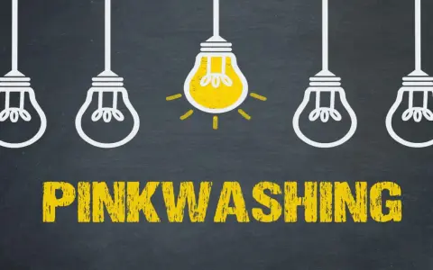 Cinque lampadine, una accesa, su sfondo scuro. Sotto, la scritta "PINKWASHING" in giallo.