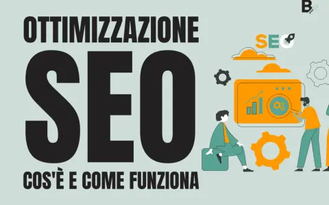 Ottimizzazione SEO: scopri cos'è e come funziona. Grafica con persone che analizzano dati e ingranaggi, simbolo di crescita e strategia.